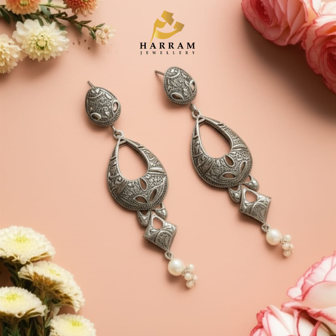 Antique Silver Drop Earrings with Pearl Accents